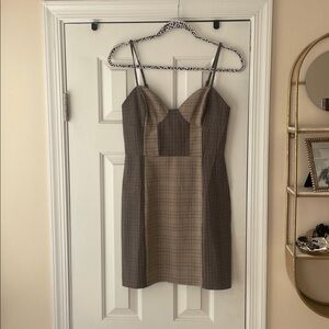 Preppy Plaid Brown Women's Dress with Balconette Neckline